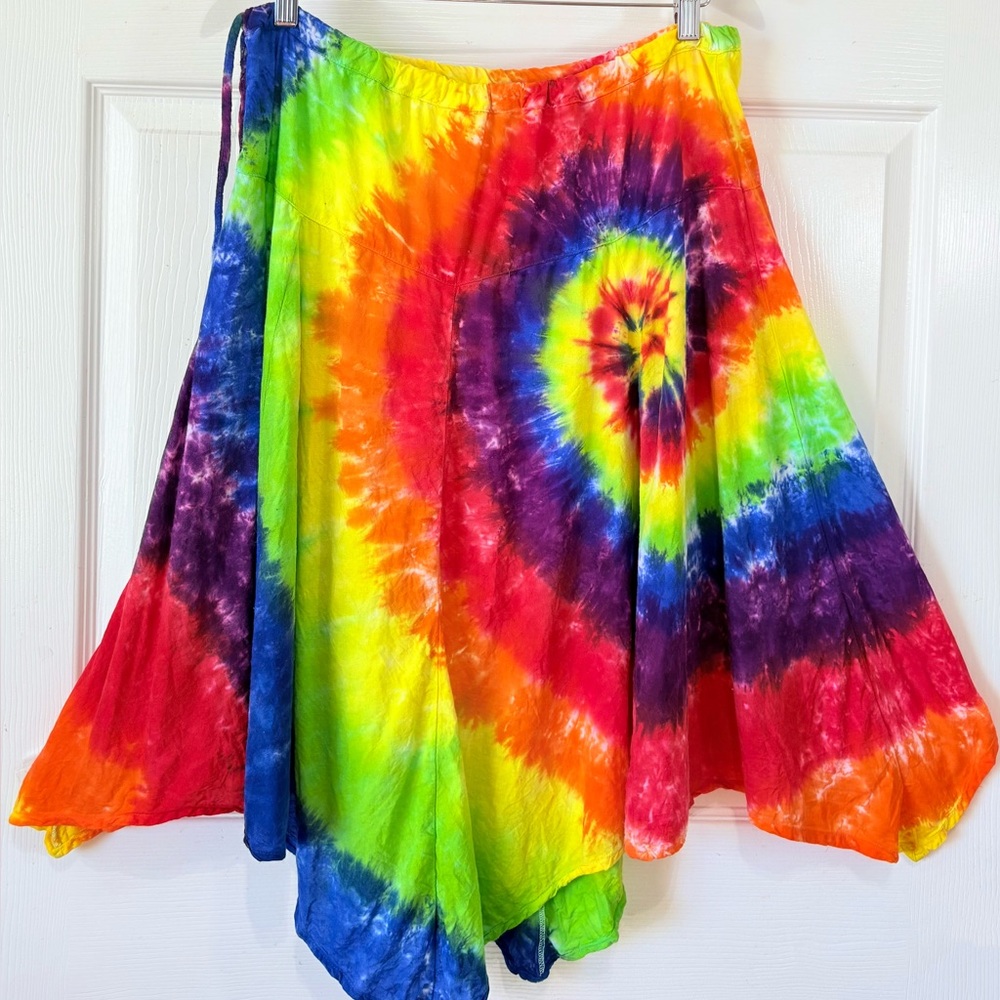 Y2K Cali Kind Thailand Rainbow Tie Dye Handkerchief Hem Fairy Mini Skirt Large